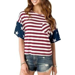 Hyfve American Flag Striped Star Patriotic Loose Top Short Sleeve Pocket T Shirt
